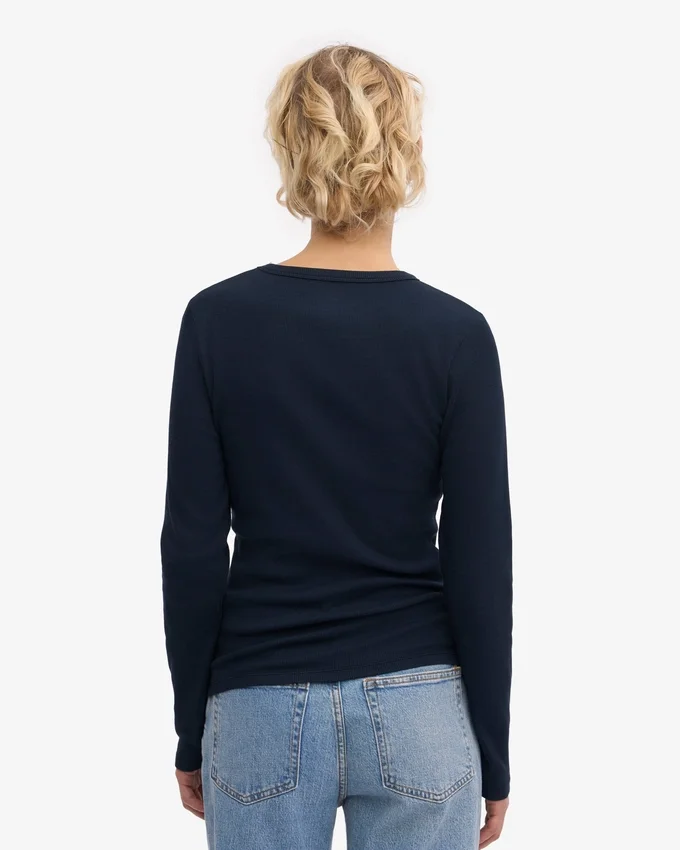 Damen-T-Shirt aus Bio-Rippstoff mit langem Arm – Marineblau