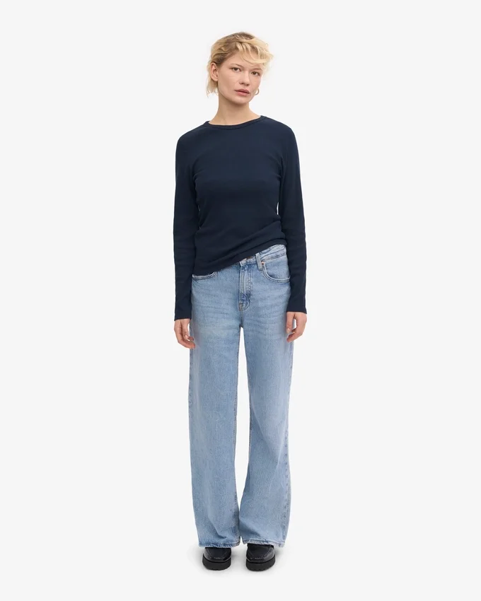 Damen-T-Shirt aus Bio-Rippstoff mit langem Arm – Marineblau