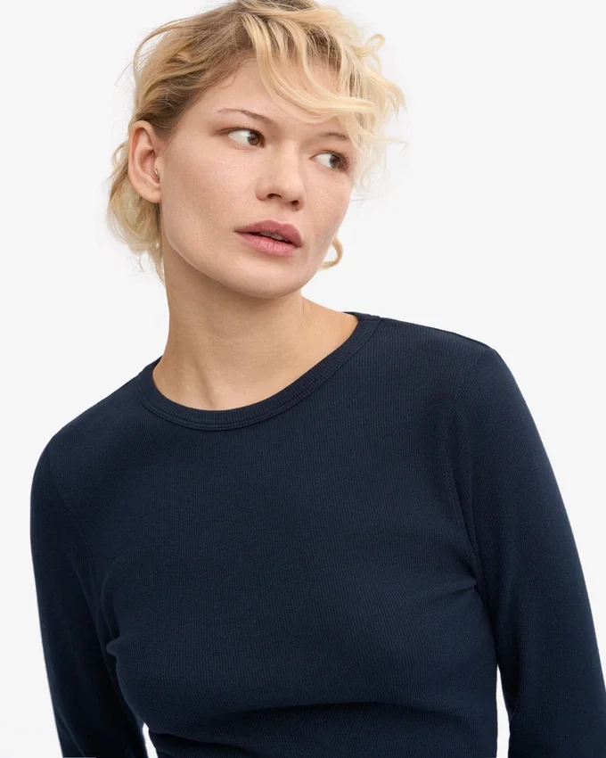Damen-T-Shirt aus Bio-Rippstoff mit langem Arm – Marineblau