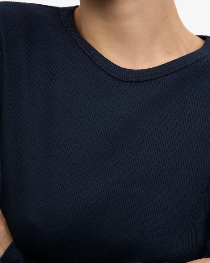Damen-T-Shirt aus Bio-Rippstoff mit langem Arm – Marineblau