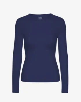 Damen-T-Shirt aus Bio-Rippstoff mit langen Ärmeln – Marineblau