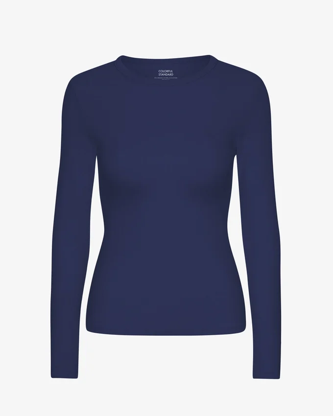 Damen-T-Shirt aus Bio-Rippstoff mit langen Ärmeln – Marineblau