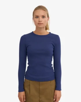 Damen-T-Shirt aus Bio-Rippstoff mit langen Ärmeln – Marineblau