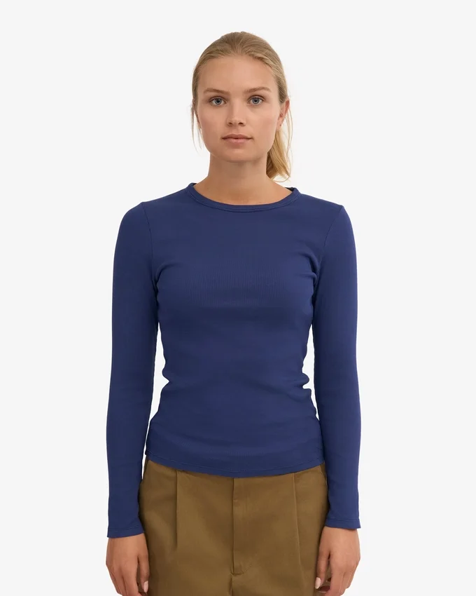 Damen-T-Shirt aus Bio-Rippstoff mit langen Ärmeln – Marineblau