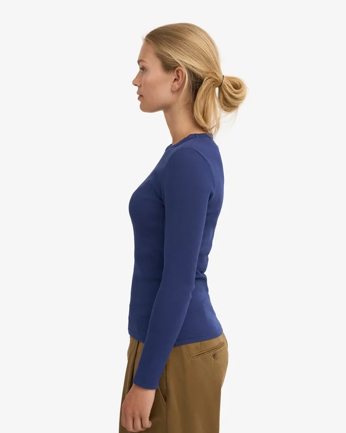 Damen-T-Shirt aus Bio-Rippstoff mit langen Ärmeln – Marineblau