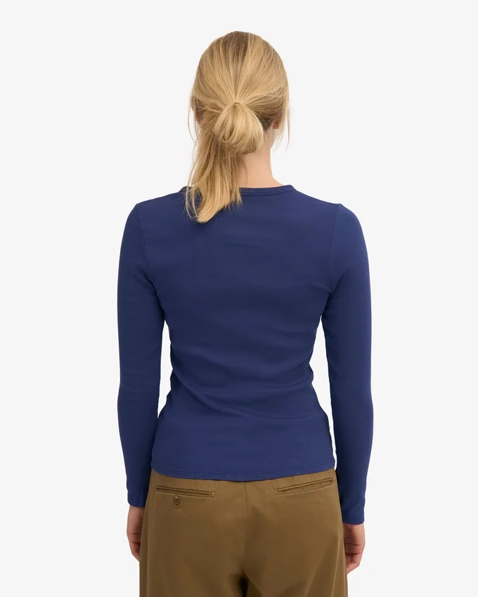 Damen-T-Shirt aus Bio-Rippstoff mit langen Ärmeln – Marineblau