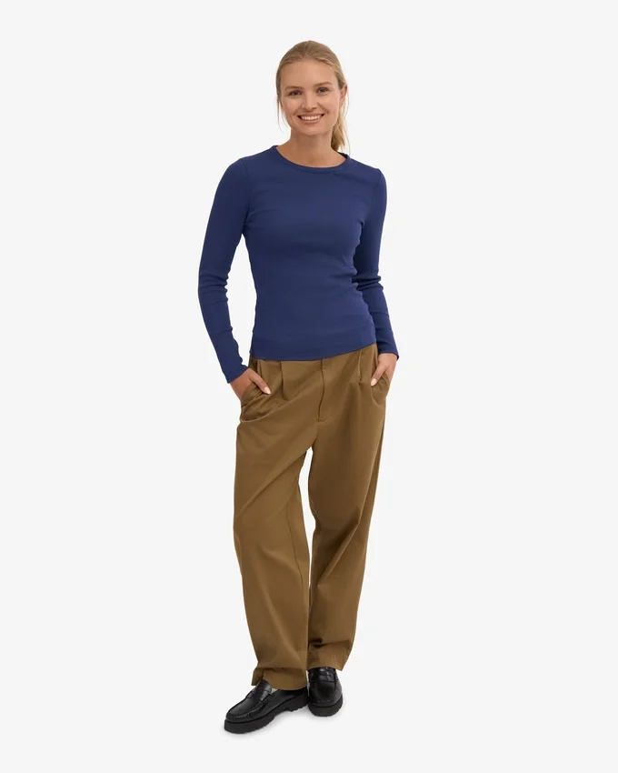 Damen-T-Shirt aus Bio-Rippstoff mit langen Ärmeln – Marineblau