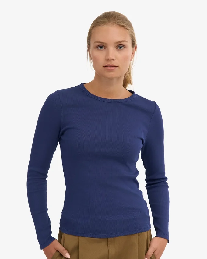 Damen-T-Shirt aus Bio-Rippstoff mit langen Ärmeln – Marineblau