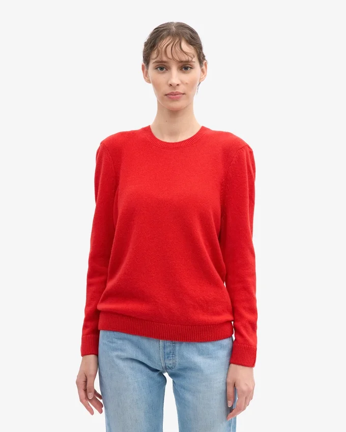 Klassischer Damen-Pullover aus Merinowolle mit Rundhalsausschnitt – Mandarinenrot