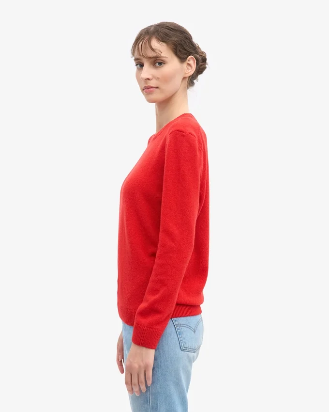 Klassischer Damen-Pullover aus Merinowolle mit Rundhalsausschnitt – Mandarinenrot