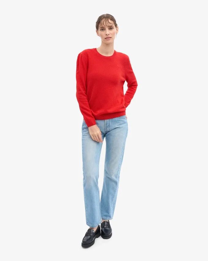 Klassischer Damen-Pullover aus Merinowolle mit Rundhalsausschnitt – Mandarinenrot