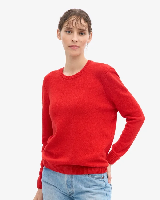 Klassischer Damen-Pullover aus Merinowolle mit Rundhalsausschnitt – Mandarinenrot