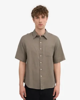 Leinen-Hemd mit kurzen Ärmeln – Dusty Olive