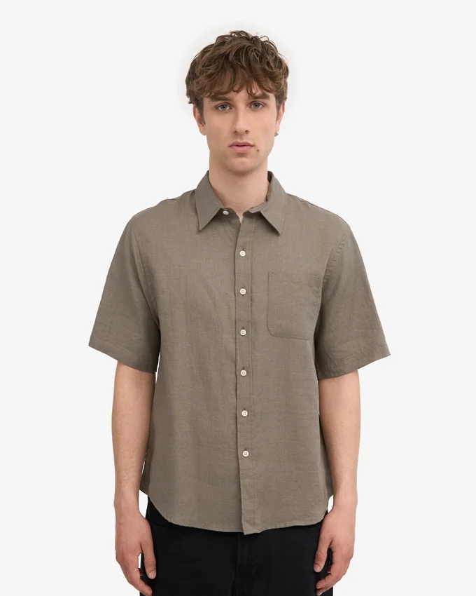 Leinen-Hemd mit kurzen Ärmeln – Dusty Olive