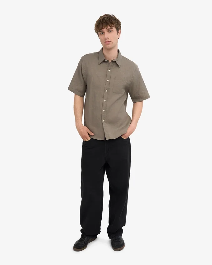Leinen-Hemd mit kurzen Ärmeln – Dusty Olive