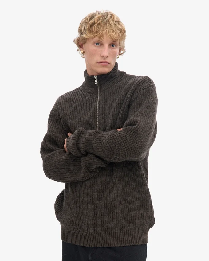 Merino-Pullover mit Troyer – Kaffeebraun