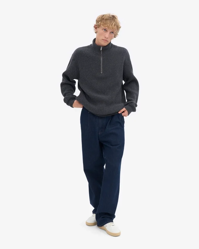 Merino-Pullover mit Troyer – Lavagrau