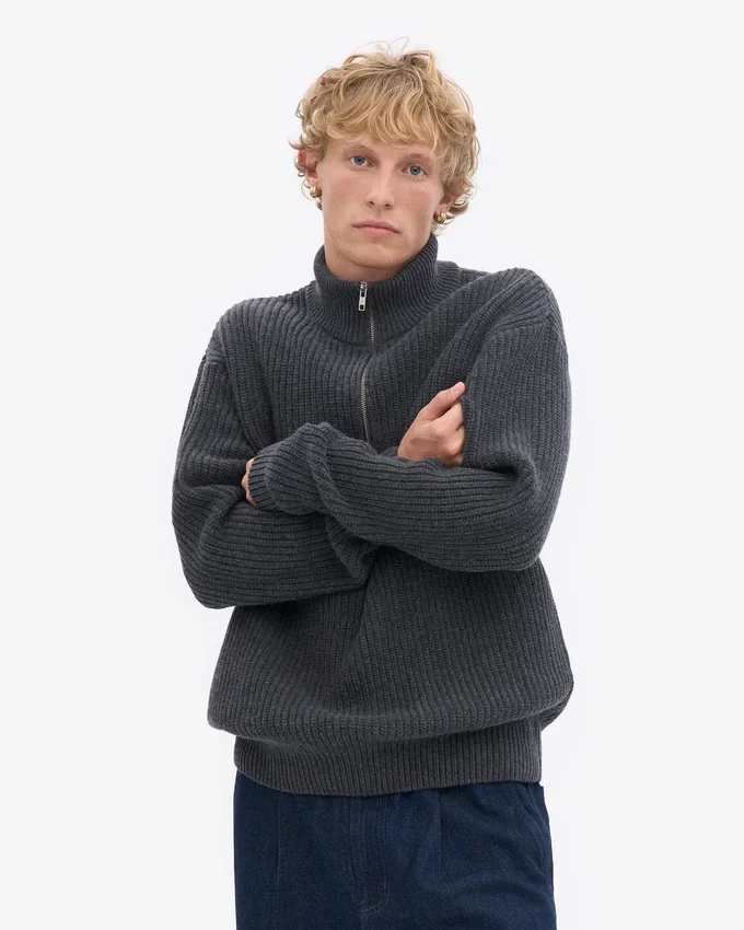 Merino-Pullover mit Troyer – Lavagrau