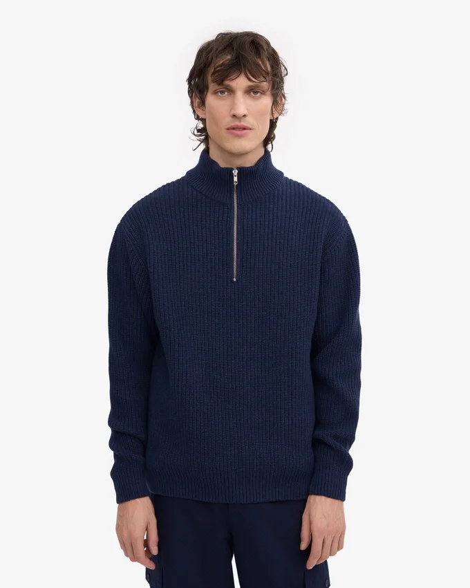 Merino-Pullover mit Troyer – Marineblau