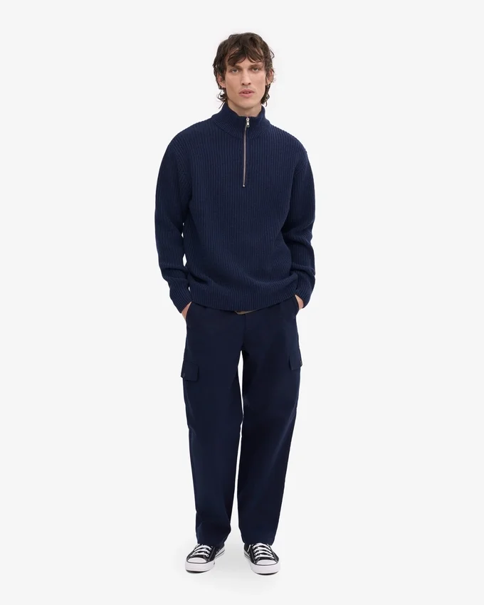 Merino-Pullover mit Troyer – Marineblau