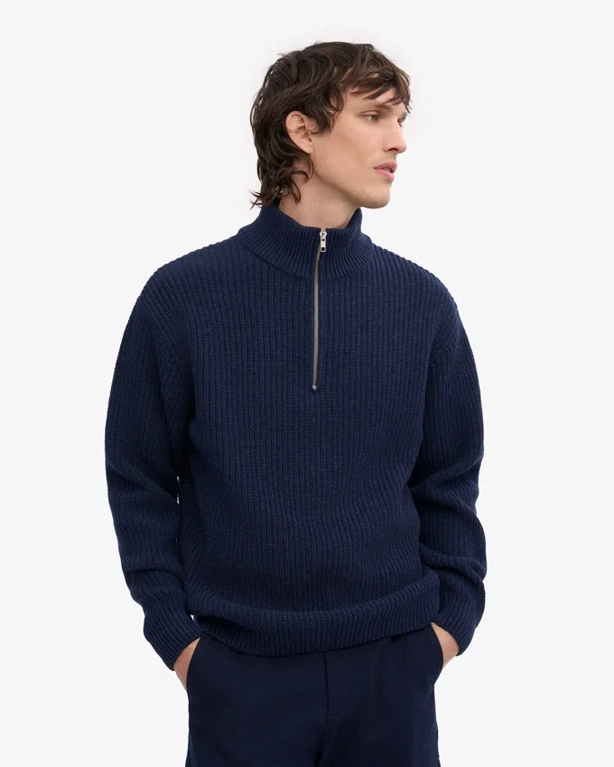 Merino-Pullover mit Troyer – Marineblau