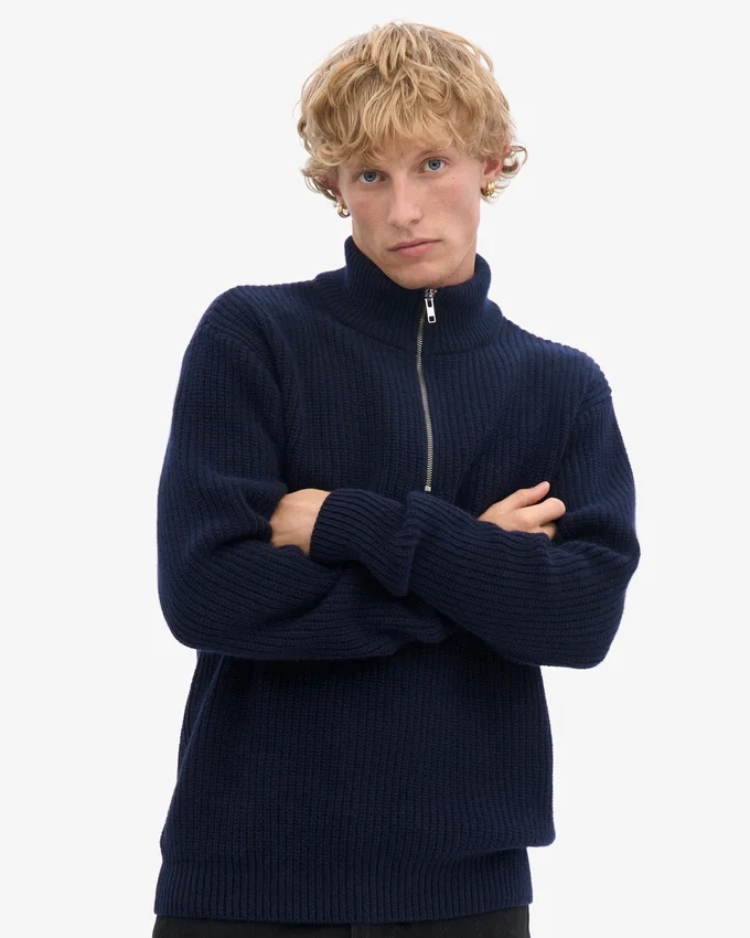 Merino-Pullover mit Troyer – Marineblau