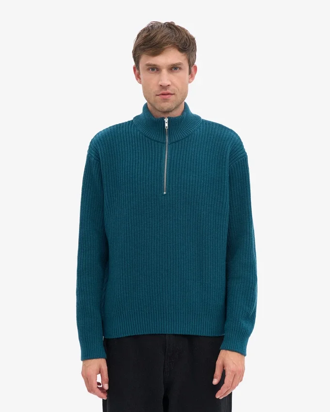 Merino-Pullover mit Troyer – Ozeangrün