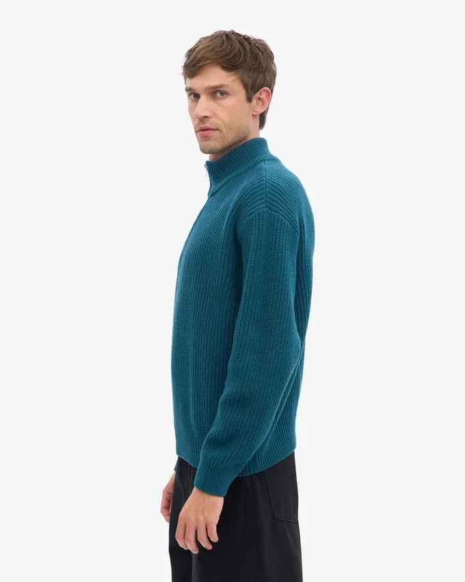 Merino-Pullover mit Troyer – Ozeangrün