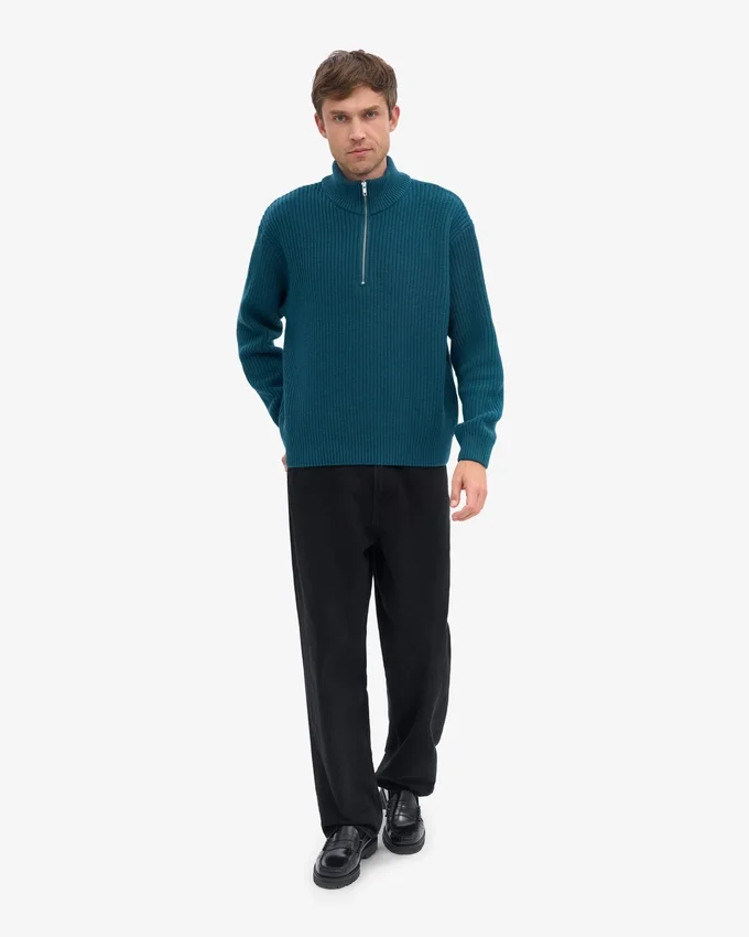 Merino-Pullover mit Troyer – Ozeangrün