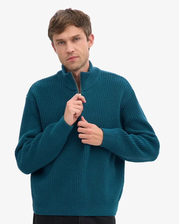 Merino-Pullover mit Troyer – Ozeangrün