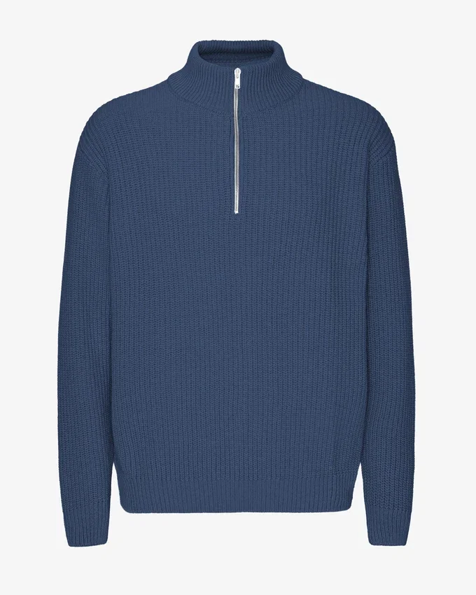 Merino-Pullover mit Troyer – Petrolblau
