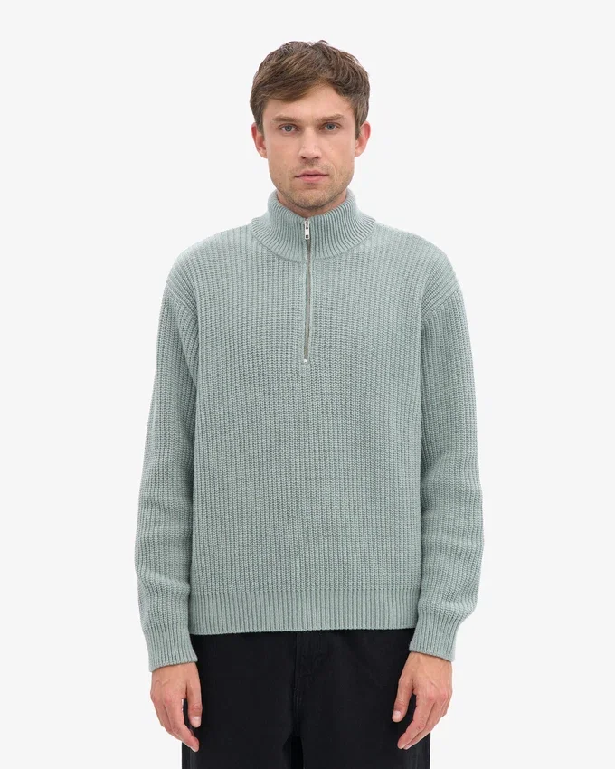 Merino-Pullover mit Troyer – Stahlblau