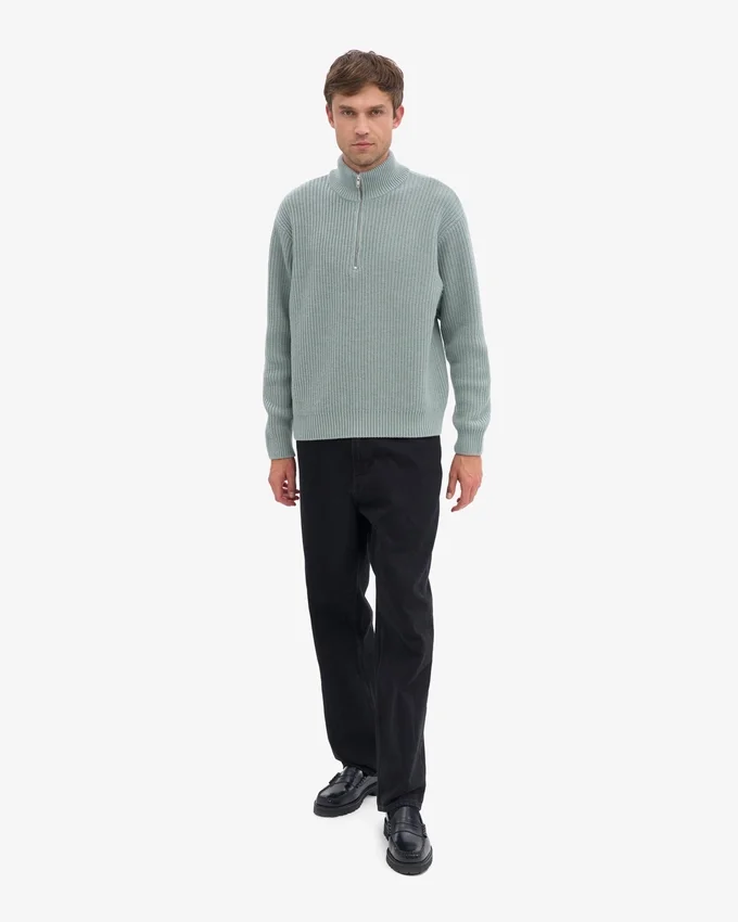 Merino-Pullover mit Troyer – Stahlblau
