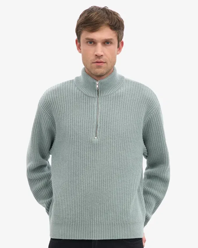 Merino-Pullover mit Troyer – Stahlblau