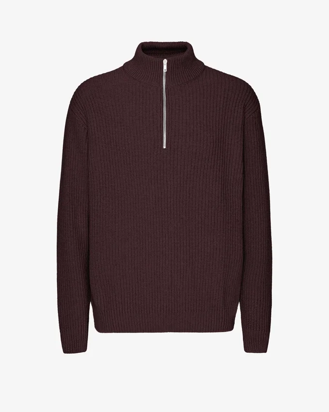 Merinowolle-Pullover mit Troyer – Oxblood-Rot