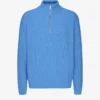 Merinowolle-Pullover mit Troyer – Pazifikblau