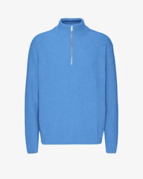 Merinowolle-Pullover mit Troyer – Pazifikblau
