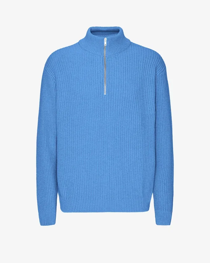 Merinowolle-Pullover mit Troyer – Pazifikblau