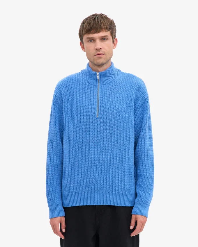 Merinowolle-Pullover mit Troyer – Pazifikblau