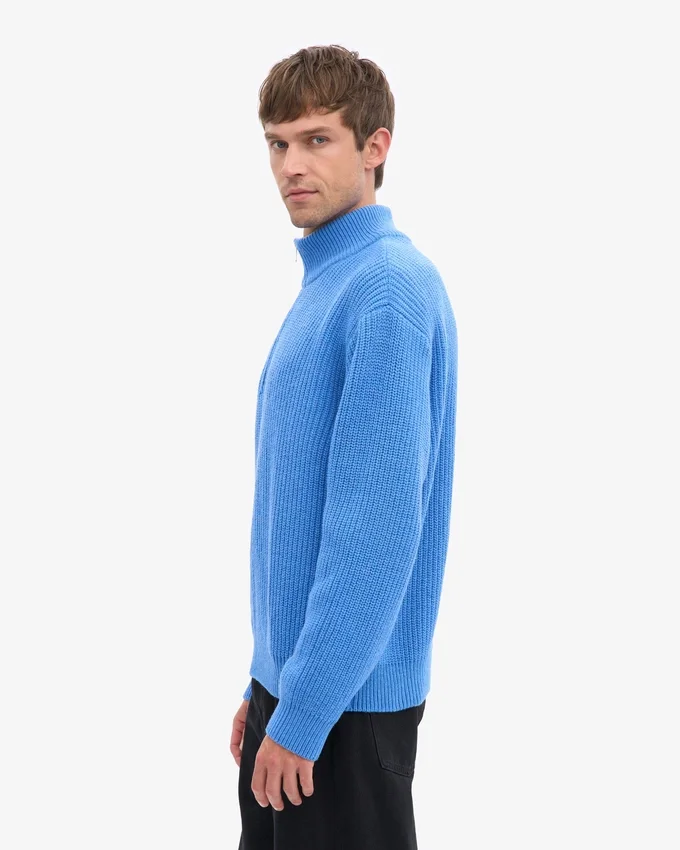 Merinowolle-Pullover mit Troyer – Pazifikblau