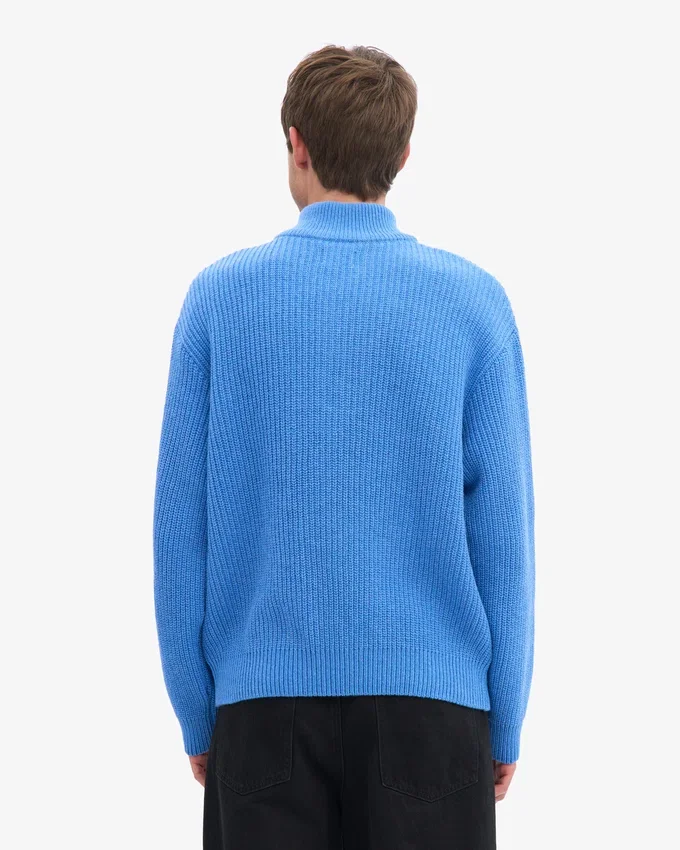 Merinowolle-Pullover mit Troyer – Pazifikblau