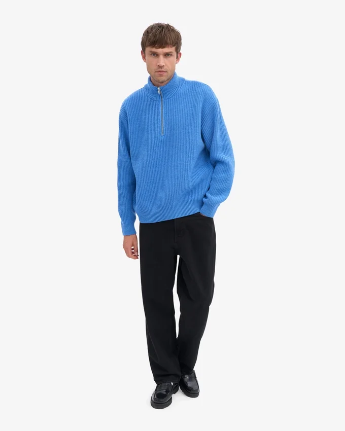Merinowolle-Pullover mit Troyer – Pazifikblau