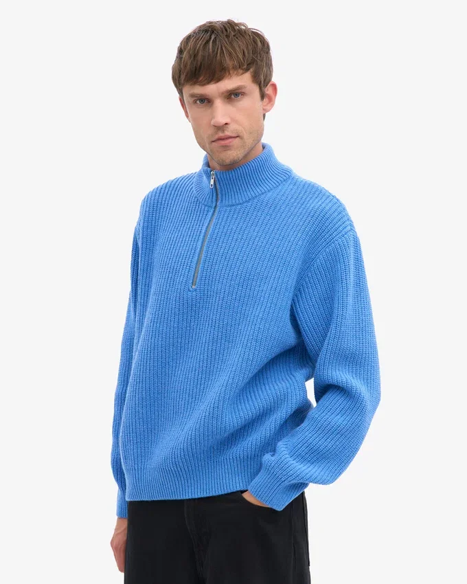 Merinowolle-Pullover mit Troyer – Pazifikblau