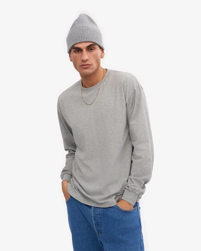 Oversize-T-Shirt aus Bio-Baumwolle mit langen Ärmeln – Grau meliert