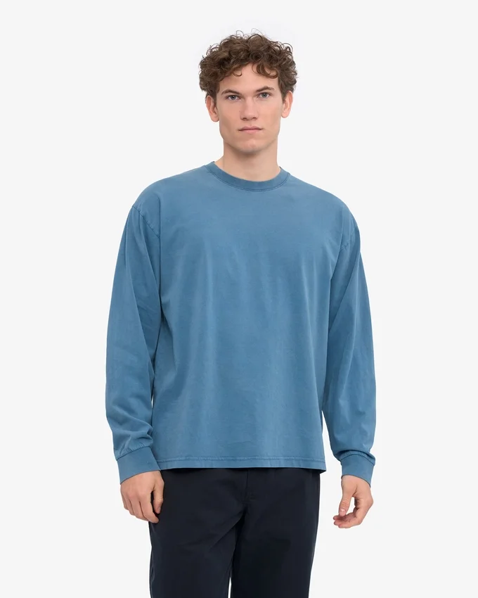 Oversized-Bio-T-Shirt mit langen Ärmeln – Verwaschenes Indigo