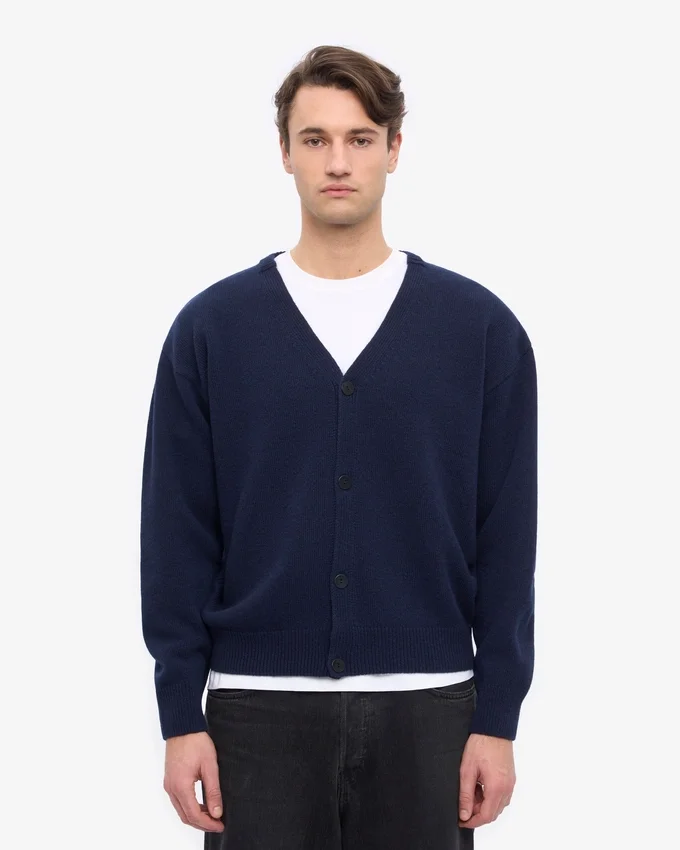 Strickjacke aus Merinowolle mit V-Ausschnitt – Marineblau