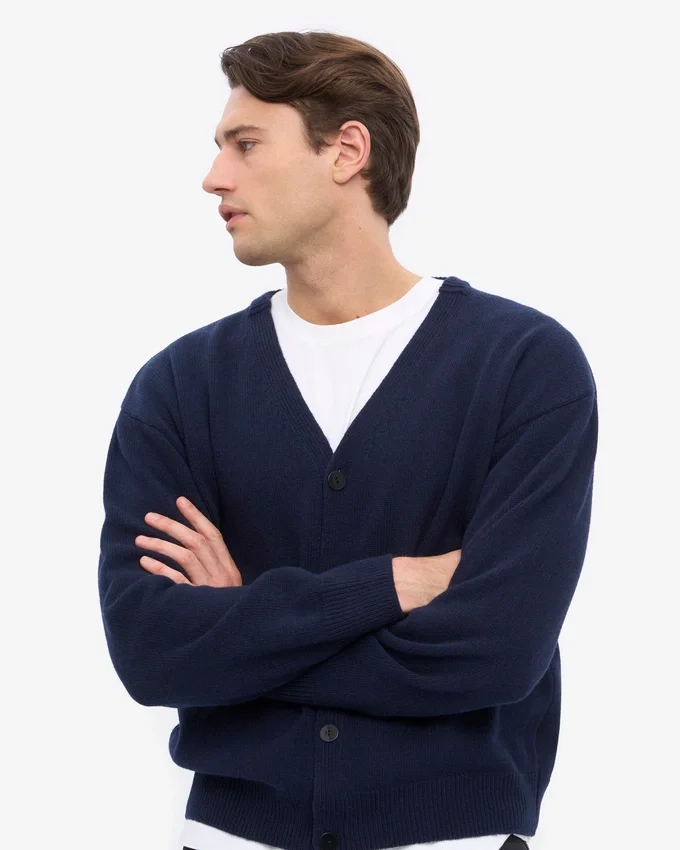 Strickjacke aus Merinowolle mit V-Ausschnitt – Marineblau