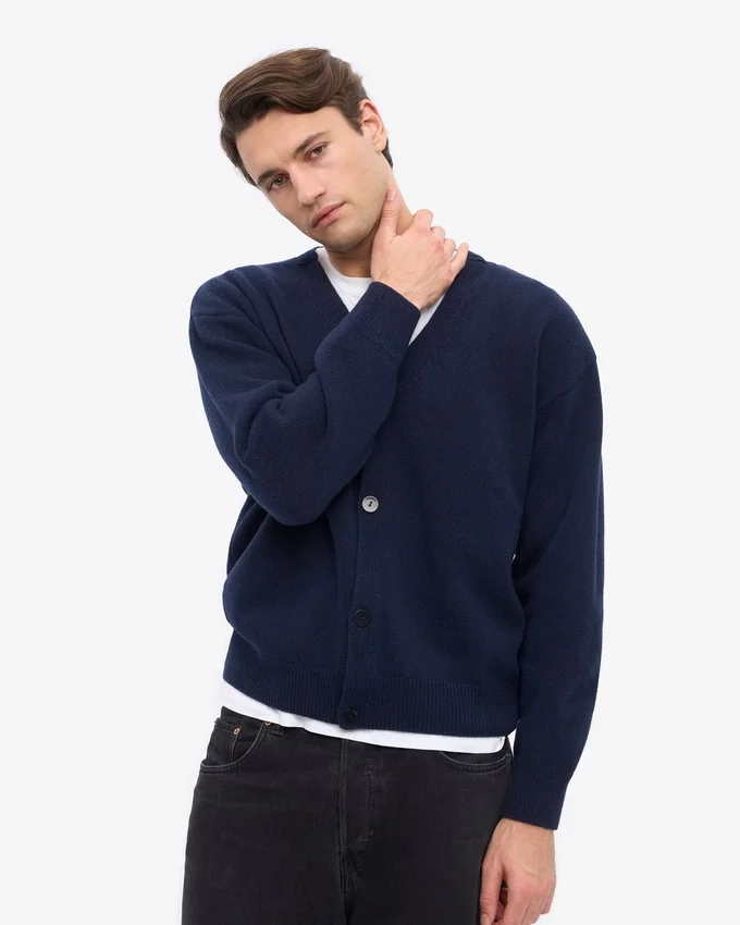 Strickjacke aus Merinowolle mit V-Ausschnitt – Marineblau