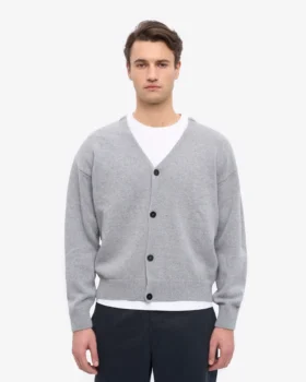Strickjacke aus Merinowolle mit V-Ausschnitt – meliertes Grau